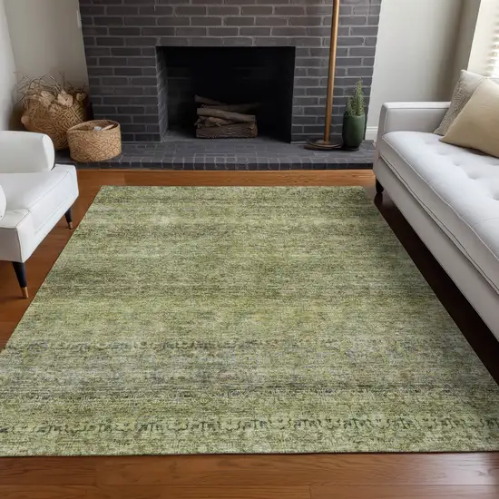 Artichoke Green Brown And Gray Striped Washable Indoor Outdoor Area Rug Photo 9