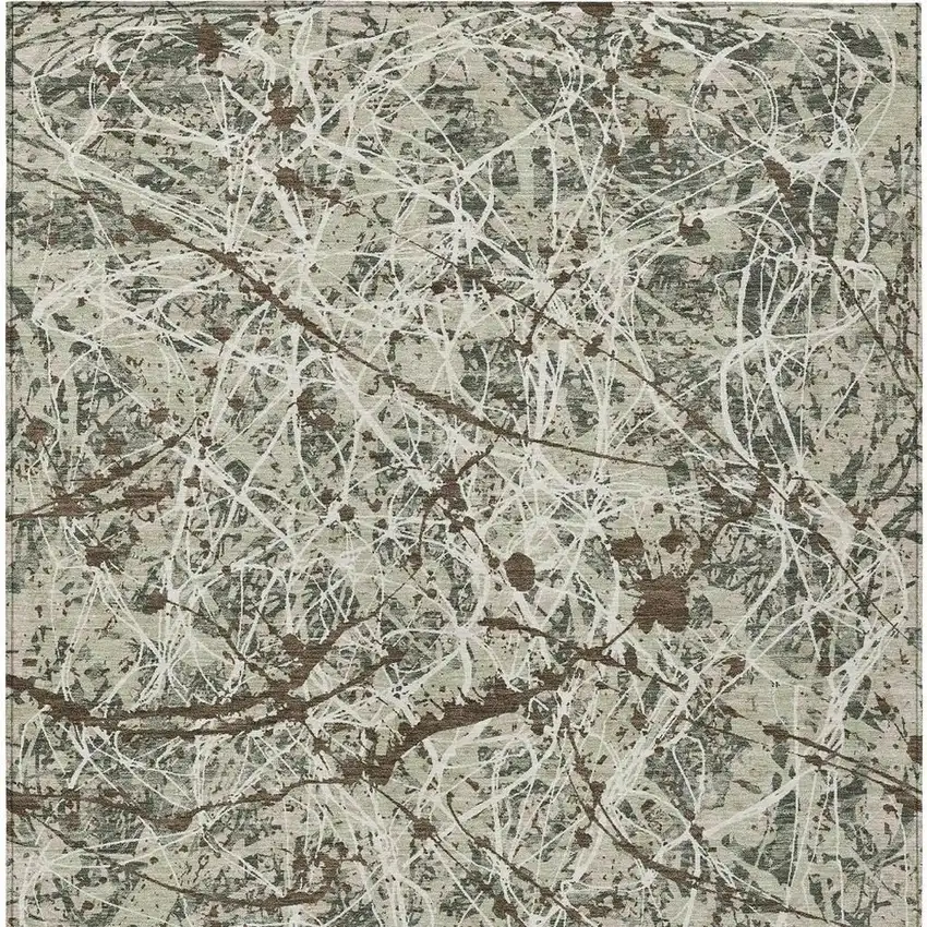 Artichoke Green Brown And Ivory Abstract Washable Indoor Outdoor Area Rug Photo 3