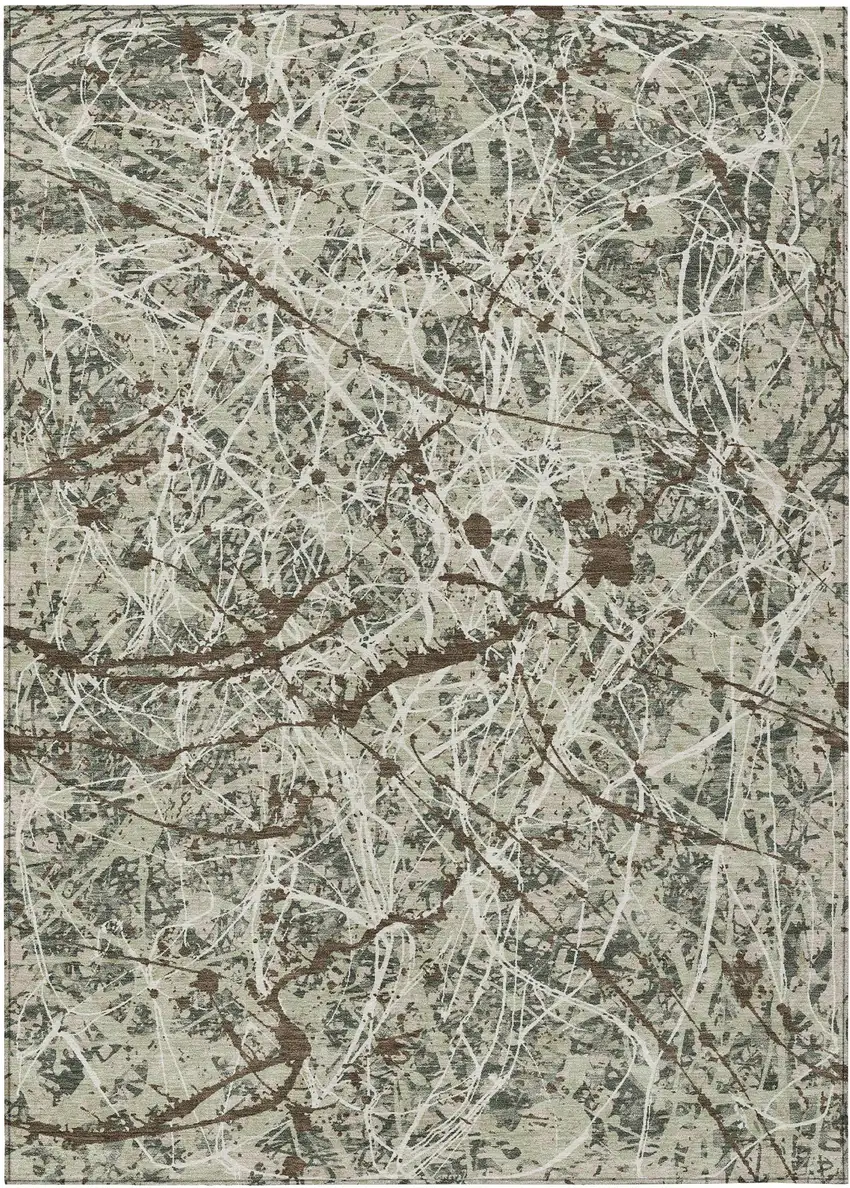 Artichoke Green Brown And Ivory Abstract Washable Indoor Outdoor Area Rug Photo 1