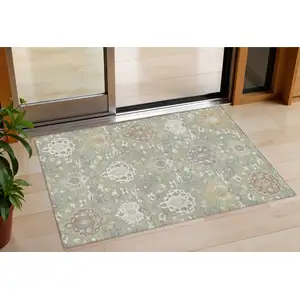 Photo of Artichoke Green Brown And Ivory Damask Washable Indoor Outdoor Area Rug