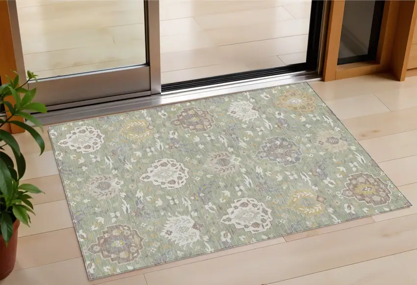 Artichoke Green Brown And Ivory Damask Washable Indoor Outdoor Area Rug Photo 1