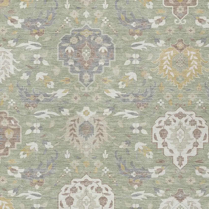 Artichoke Green Brown And Ivory Damask Washable Indoor Outdoor Area Rug Photo 7