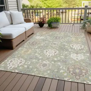 Photo of Artichoke Green Brown And Ivory Damask Washable Indoor Outdoor Area Rug