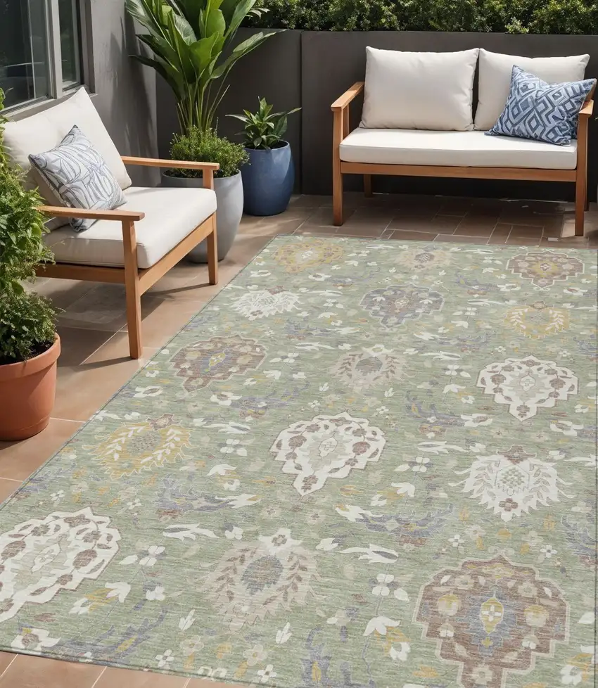 Artichoke Green Brown And Ivory Damask Washable Indoor Outdoor Area Rug Photo 1