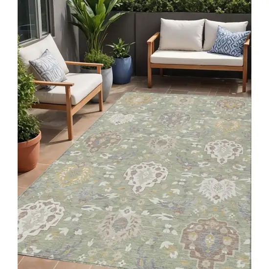 Artichoke Green Brown And Ivory Damask Washable Indoor Outdoor Area Rug Photo 1