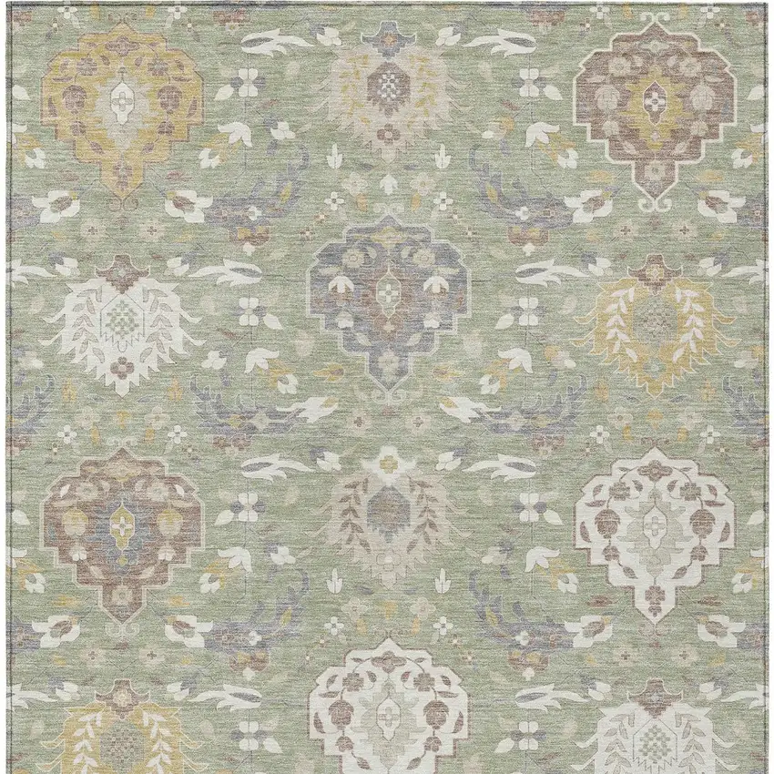 Artichoke Green Brown And Ivory Damask Washable Indoor Outdoor Area Rug Photo 5