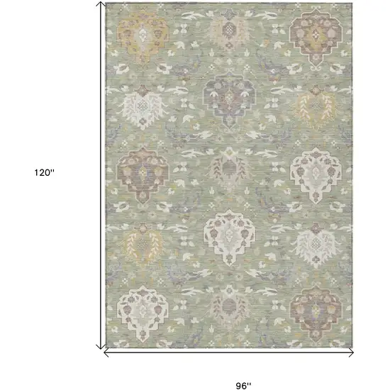 Artichoke Green Brown And Ivory Damask Washable Indoor Outdoor Area Rug Photo 8