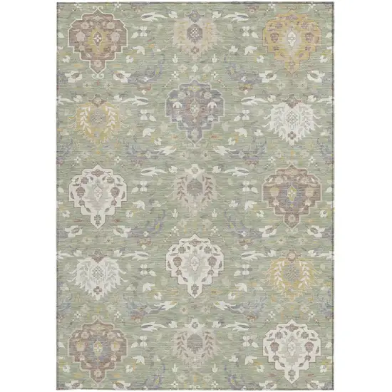 Artichoke Green Brown And Ivory Damask Washable Indoor Outdoor Area Rug Photo 6