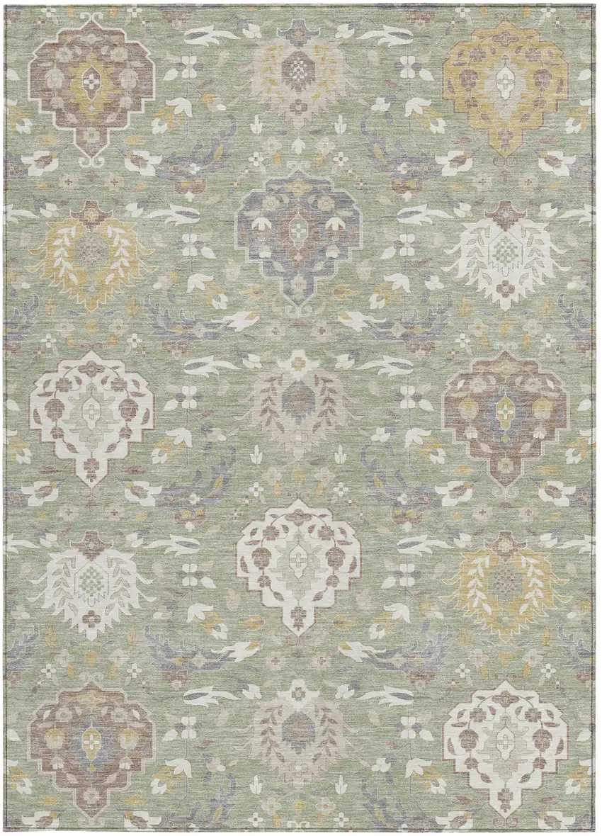 Artichoke Green Brown And Ivory Damask Washable Indoor Outdoor Area Rug Photo 6