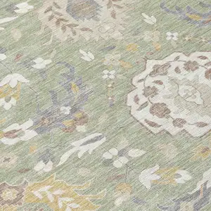 Photo of Artichoke Green Brown And Ivory Damask Washable Indoor Outdoor Area Rug