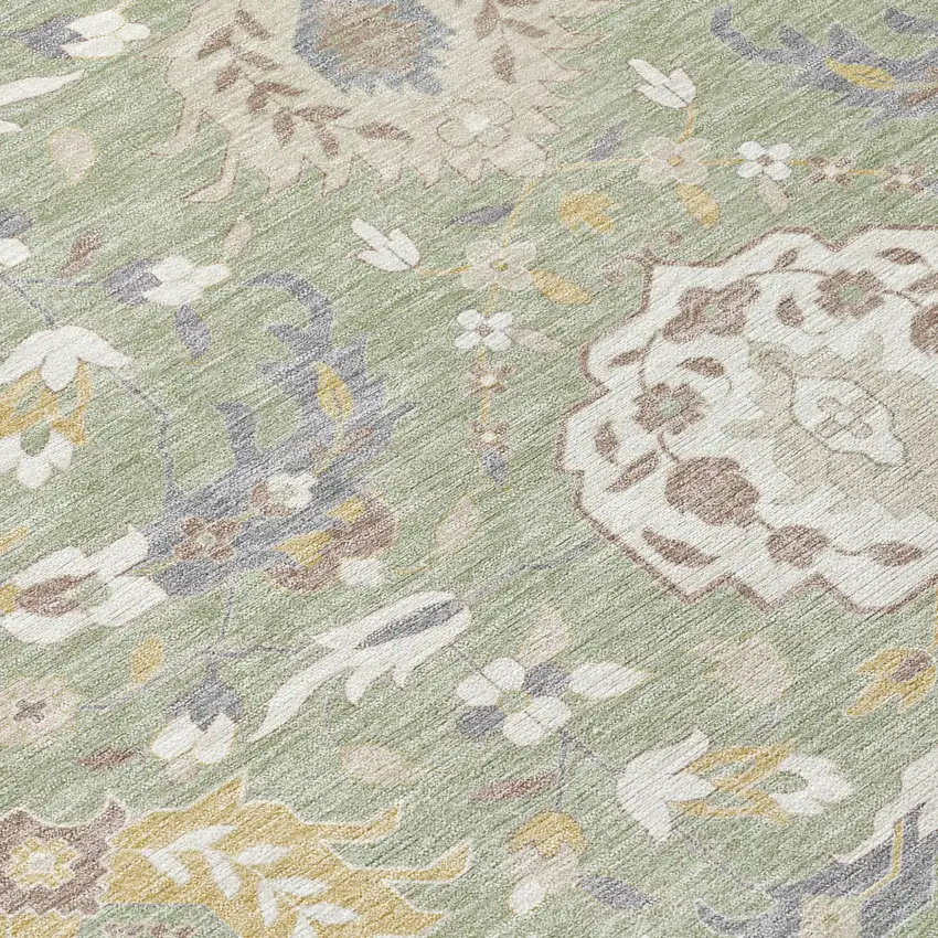 Artichoke Green Brown And Ivory Damask Washable Indoor Outdoor Area Rug Photo 4