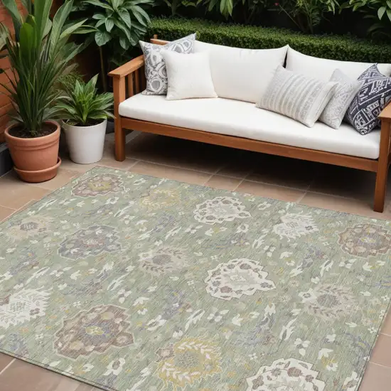 Artichoke Green Brown And Ivory Damask Washable Indoor Outdoor Area Rug Photo 1