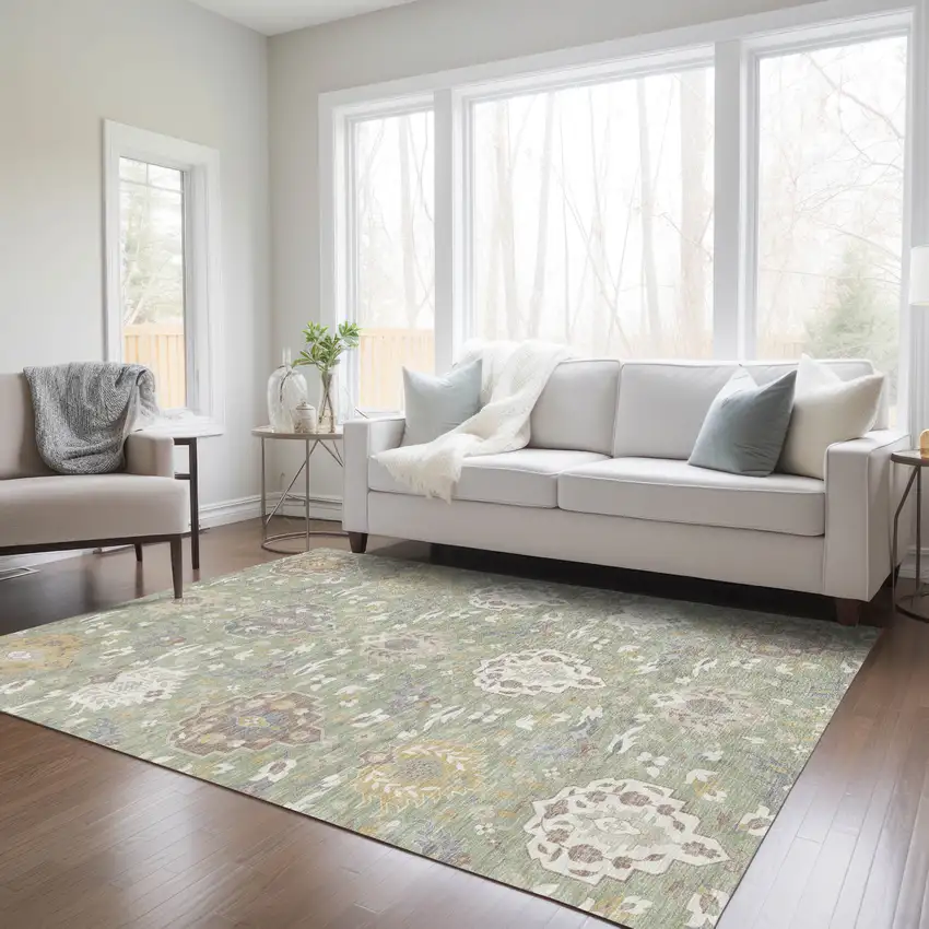 Artichoke Green Brown And Ivory Damask Washable Indoor Outdoor Area Rug Photo 9