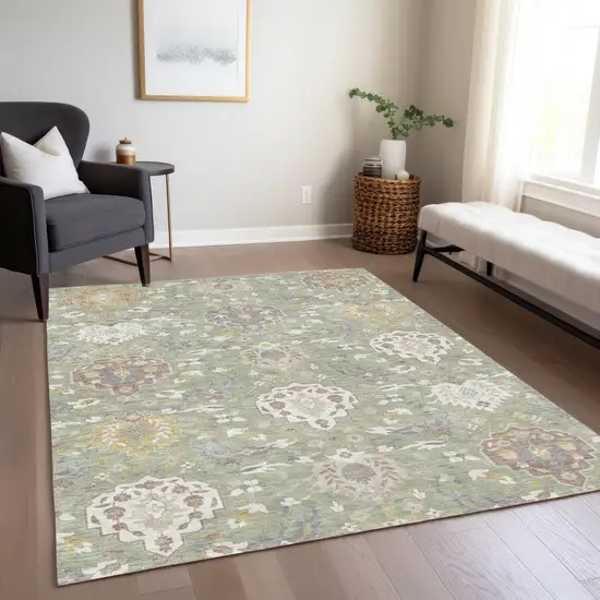 Artichoke Green Brown And Ivory Damask Washable Indoor Outdoor Area Rug Photo 8