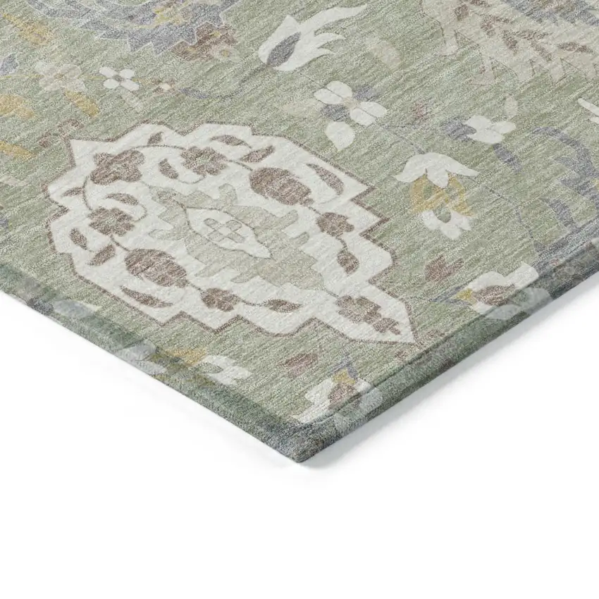 Artichoke Green Brown And Ivory Damask Washable Indoor Outdoor Area Rug Photo 3