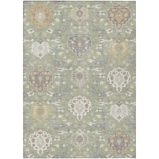 Artichoke Green Brown And Ivory Damask Washable Indoor Outdoor Area Rug Photo 1