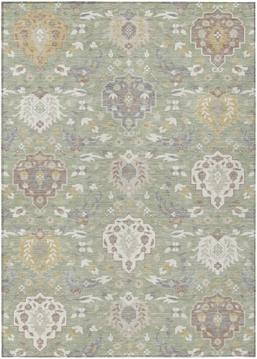 Artichoke Green Brown And Ivory Damask Washable Indoor Outdoor Area Rug Photo 1