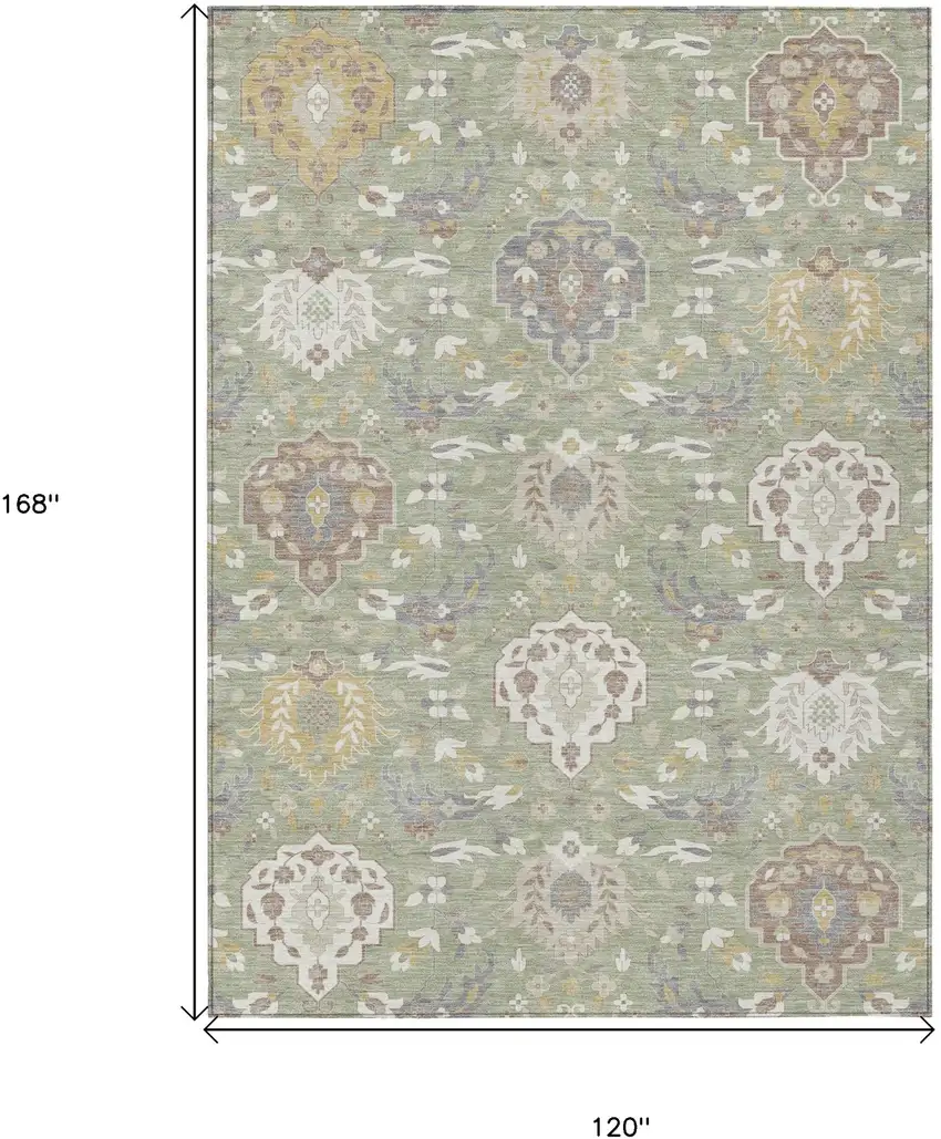 Artichoke Green Brown And Ivory Damask Washable Indoor Outdoor Area Rug Photo 3