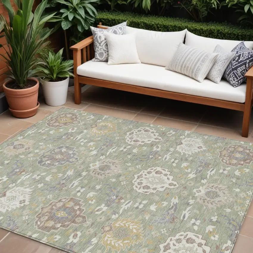 Artichoke Green Brown And Ivory Damask Washable Indoor Outdoor Area Rug Photo 1