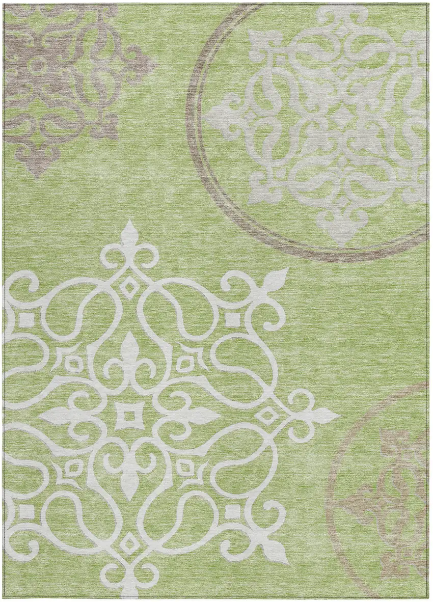 Artichoke Green Brown And Ivory Floral Medallion Washable Indoor Outdoor Area Rug Photo 7