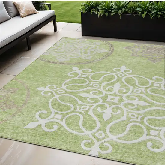 Artichoke Green Brown And Ivory Floral Medallion Washable Indoor Outdoor Area Rug Photo 1