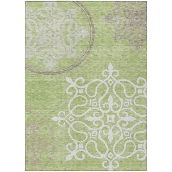 Artichoke Green Brown And Ivory Floral Medallion Washable Indoor Outdoor Area Rug Photo 2