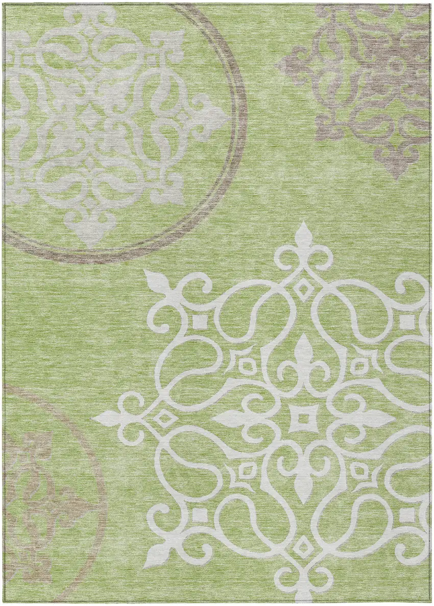 Artichoke Green Brown And Ivory Floral Medallion Washable Indoor Outdoor Area Rug Photo 2