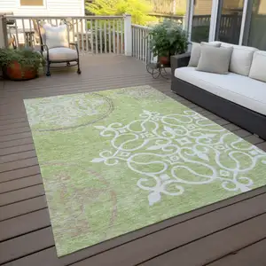 Photo of Artichoke Green Brown And Ivory Floral Medallion Washable Indoor Outdoor Area Rug