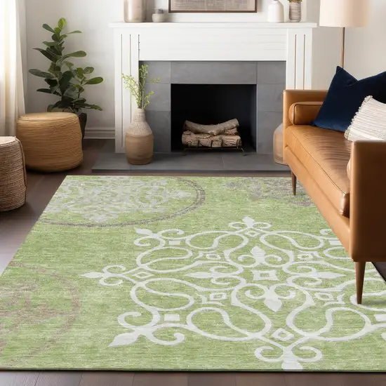 Artichoke Green Brown And Ivory Floral Medallion Washable Indoor Outdoor Area Rug Photo 9