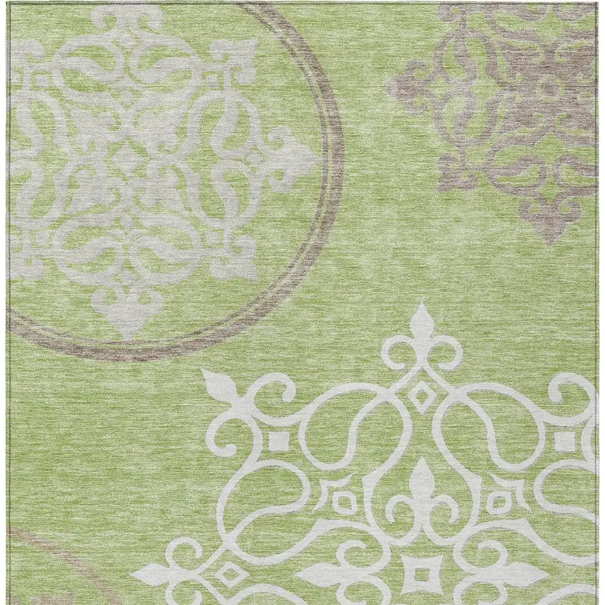 Artichoke Green Brown And Ivory Floral Medallion Washable Indoor Outdoor Area Rug Photo 7