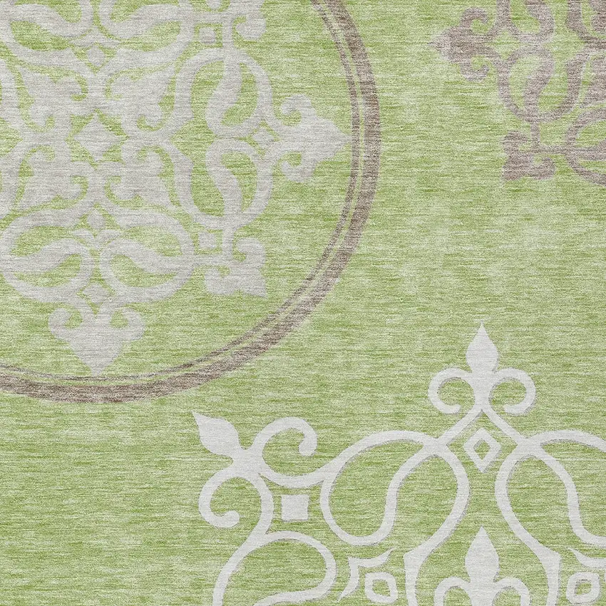 Artichoke Green Brown And Ivory Floral Medallion Washable Indoor Outdoor Area Rug Photo 6