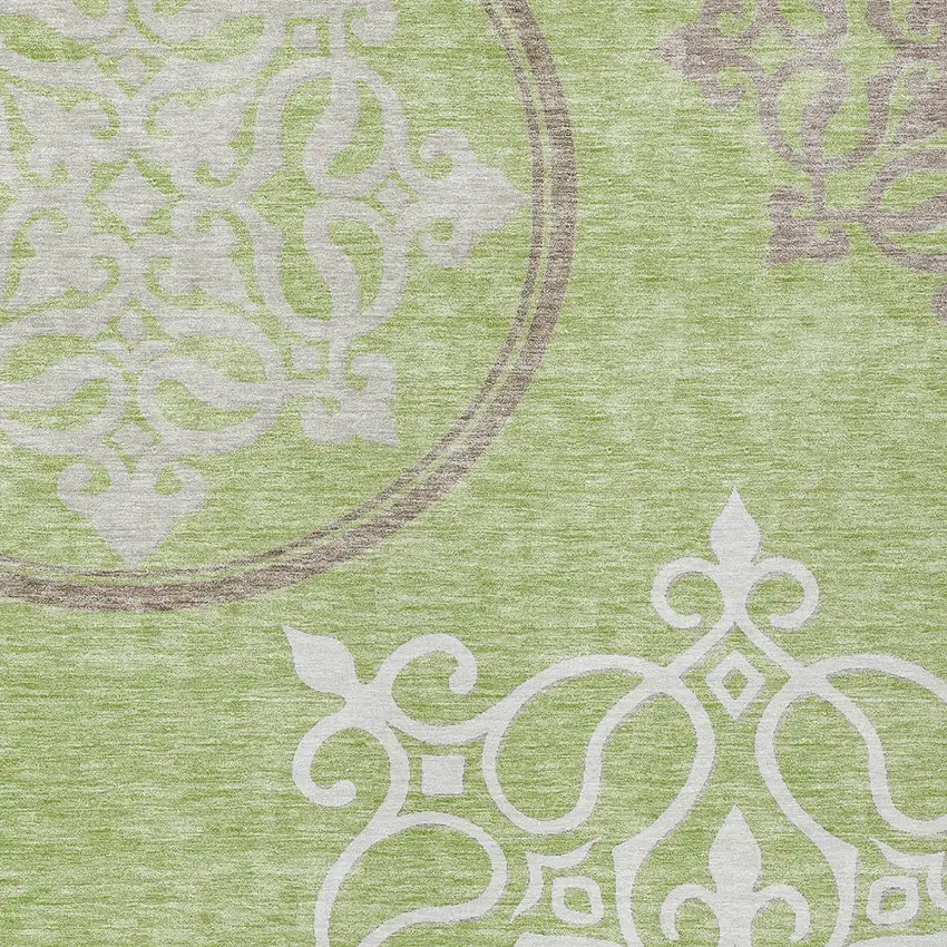 Artichoke Green Brown And Ivory Floral Medallion Washable Indoor Outdoor Area Rug Photo 6