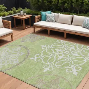 Photo of Artichoke Green Brown And Ivory Floral Medallion Washable Indoor Outdoor Area Rug