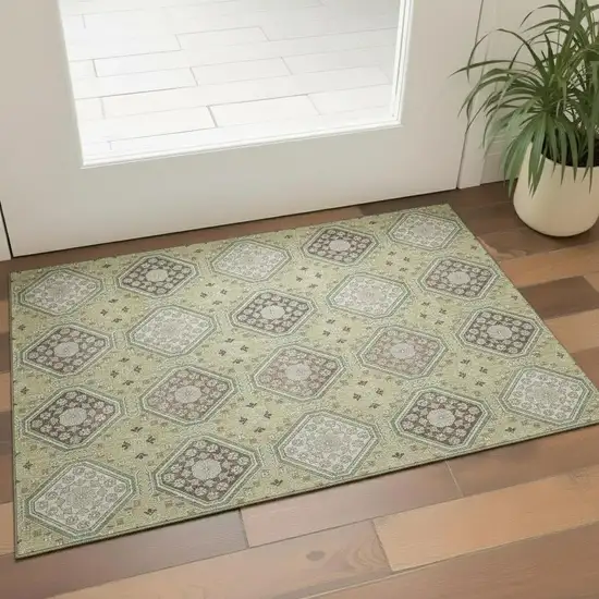 Artichoke Green Brown And Ivory Floral Washable Area Rug With UV Protection Photo 2