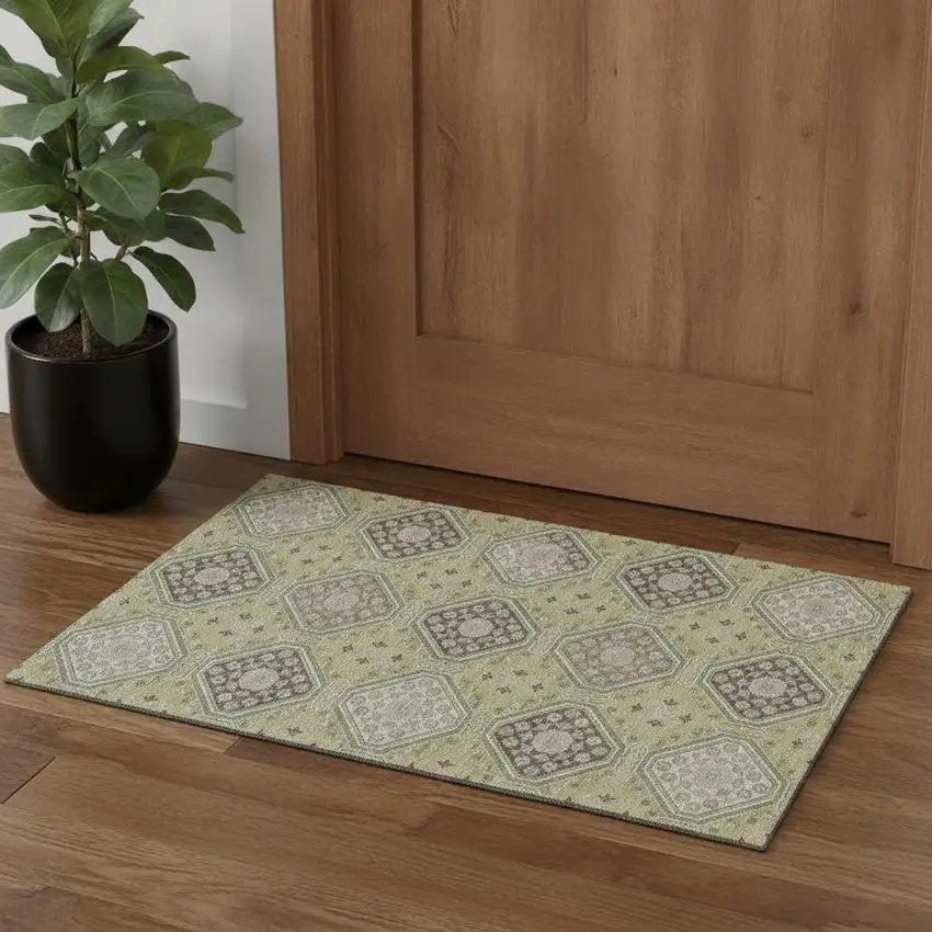 Artichoke Green Brown And Ivory Floral Washable Area Rug With UV Protection Photo 1