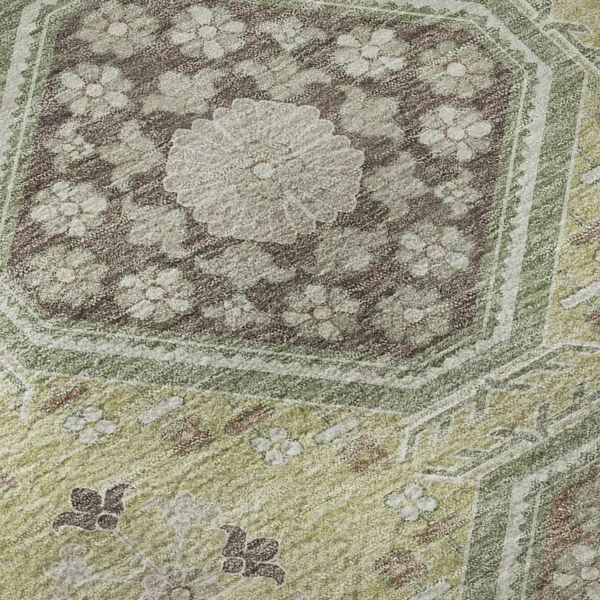 Artichoke Green Brown And Ivory Floral Washable Area Rug With UV Protection Photo 9