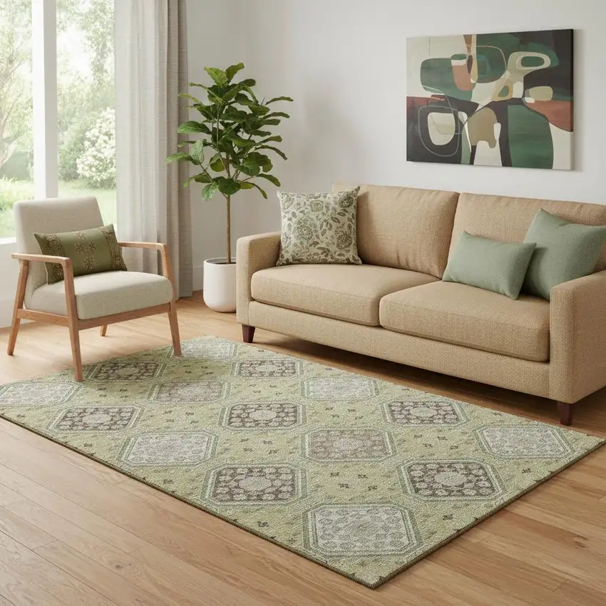 Artichoke Green Brown And Ivory Floral Washable Area Rug With UV Protection Photo 2