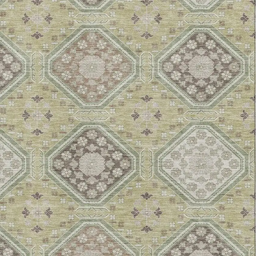 Artichoke Green Brown And Ivory Floral Washable Area Rug With UV Protection Photo 2