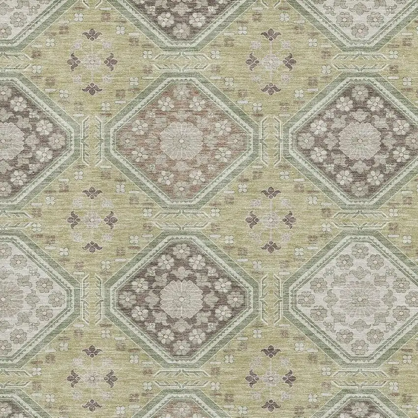 Artichoke Green Brown And Ivory Floral Washable Area Rug With UV Protection Photo 2