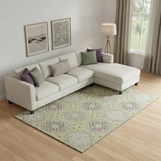 Artichoke Green Brown And Ivory Floral Washable Area Rug With UV Protection Photo 2