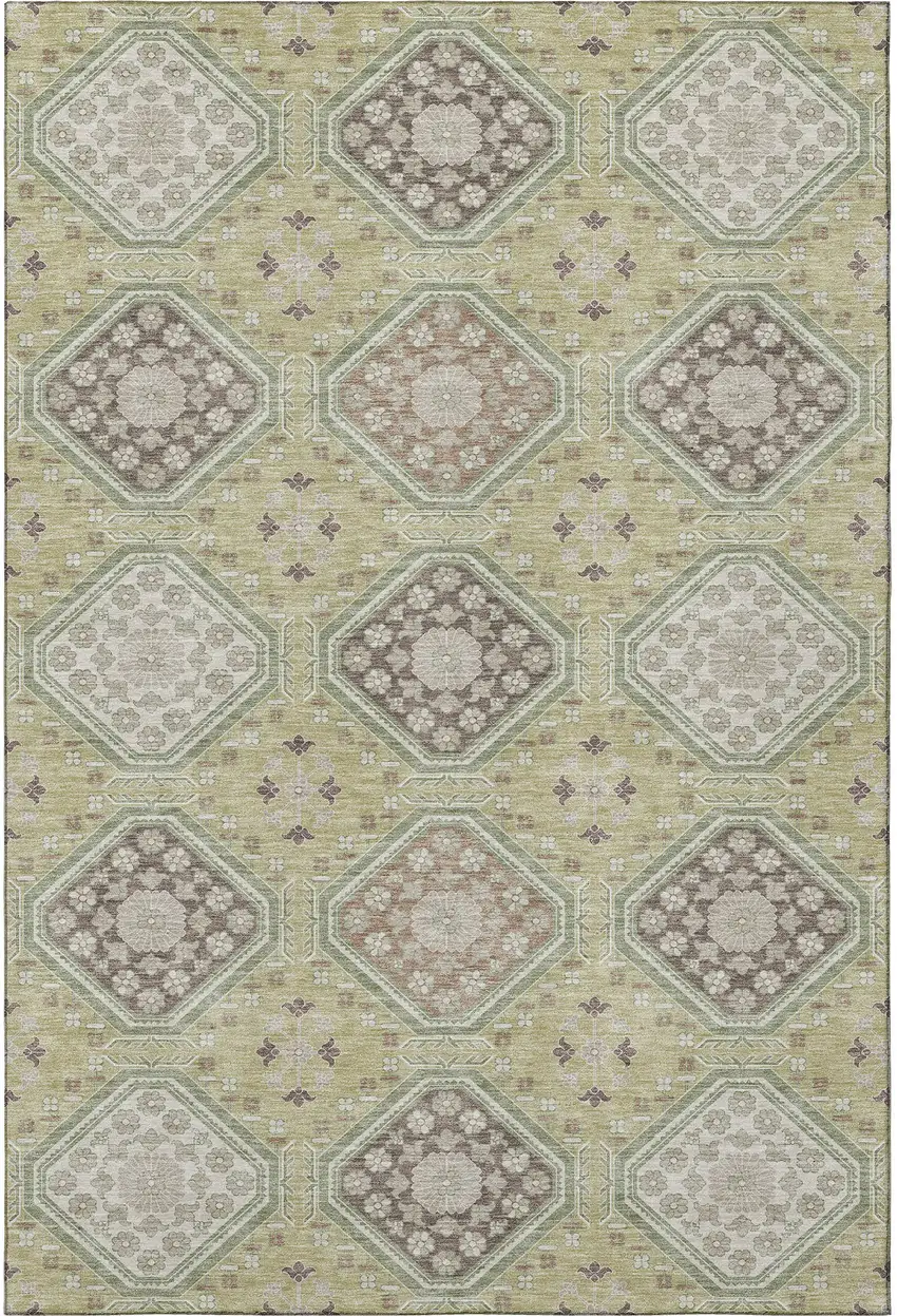 Artichoke Green Brown And Ivory Floral Washable Area Rug With UV Protection Photo 3