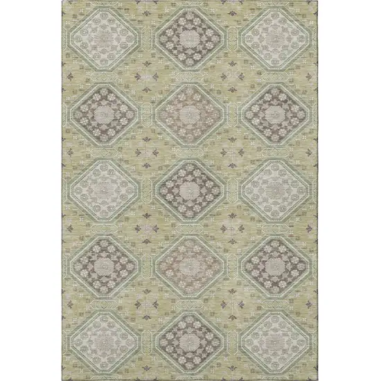 Artichoke Green Brown And Ivory Floral Washable Area Rug With UV Protection Photo 3