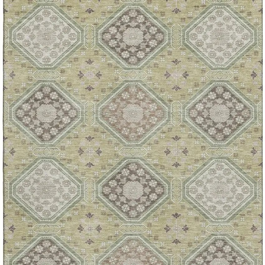 Artichoke Green Brown And Ivory Floral Washable Area Rug With UV Protection Photo 2