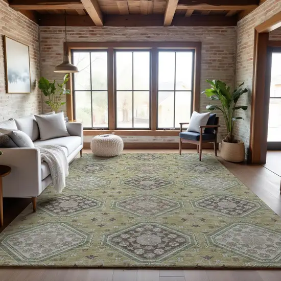 Artichoke Green Brown And Ivory Floral Washable Area Rug With UV Protection Photo 5