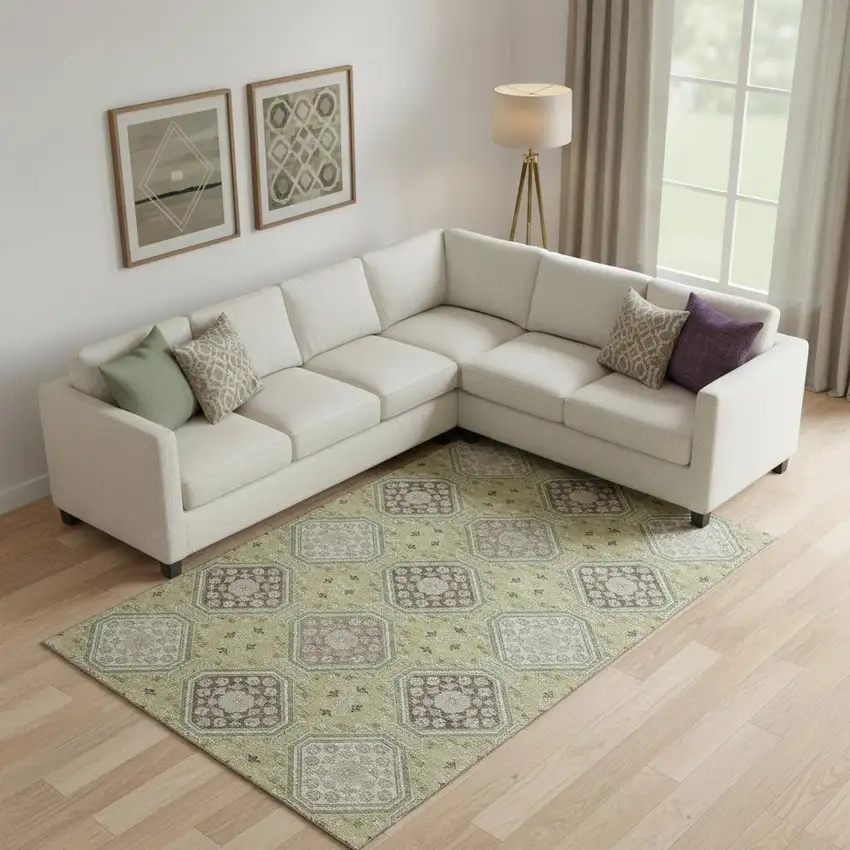 Artichoke Green Brown And Ivory Floral Washable Area Rug With UV Protection Photo 2