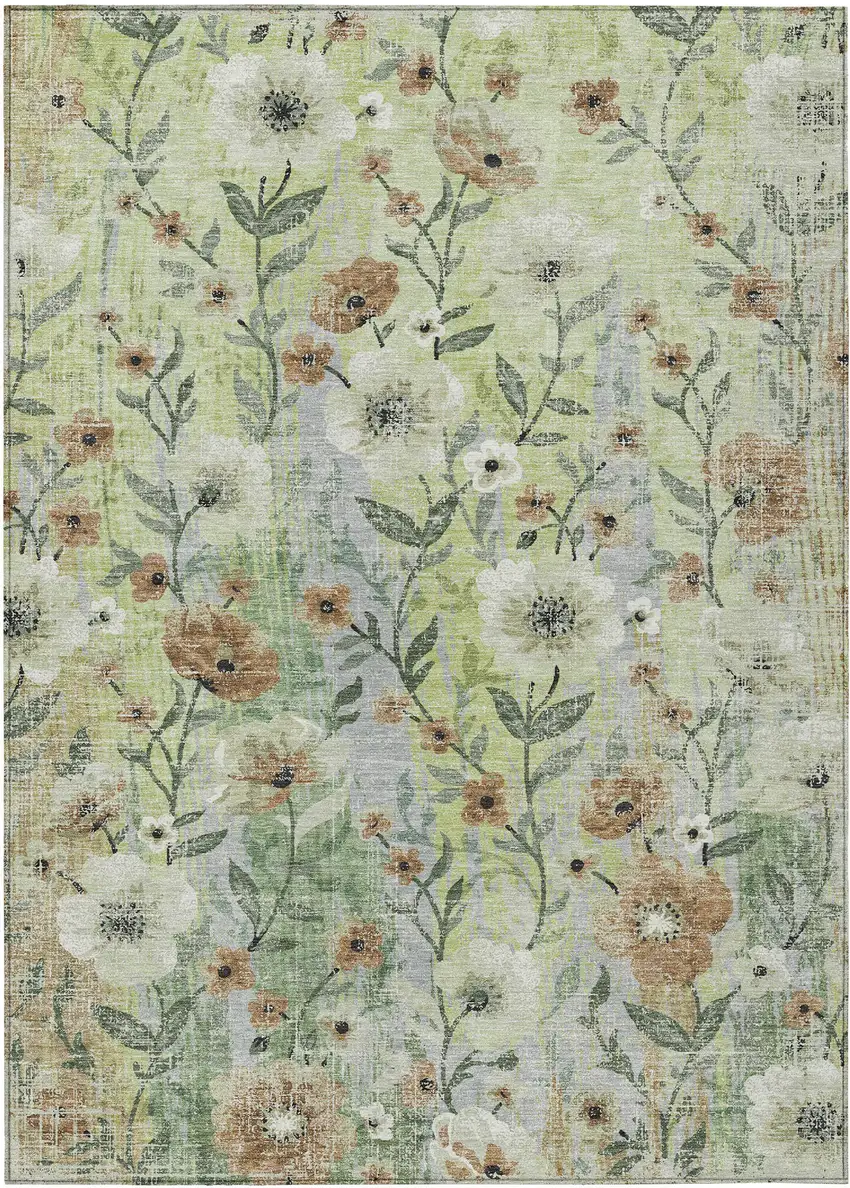 Artichoke Green Brown And Ivory Floral Washable Indoor Outdoor Area Rug Photo 8