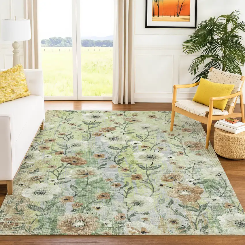 Artichoke Green Brown And Ivory Floral Washable Indoor Outdoor Area Rug Photo 4