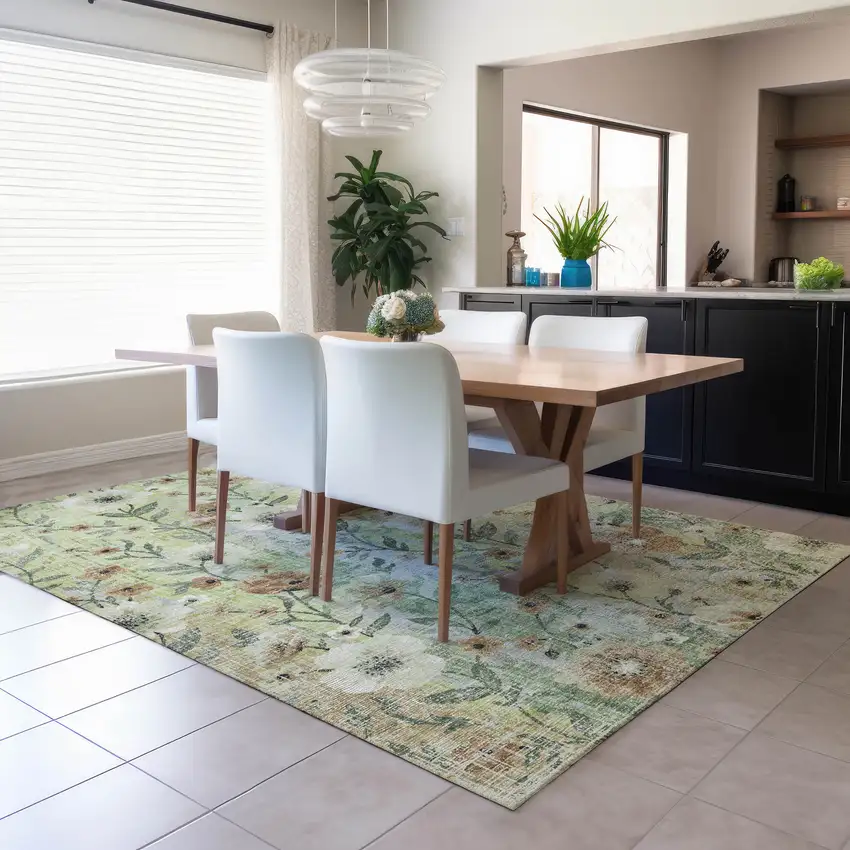 Artichoke Green Brown And Ivory Floral Washable Indoor Outdoor Area Rug Photo 5