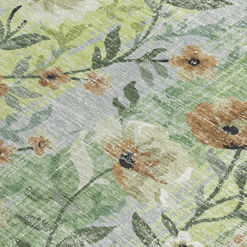 Artichoke Green Brown And Ivory Floral Washable Indoor Outdoor Area Rug Photo 2