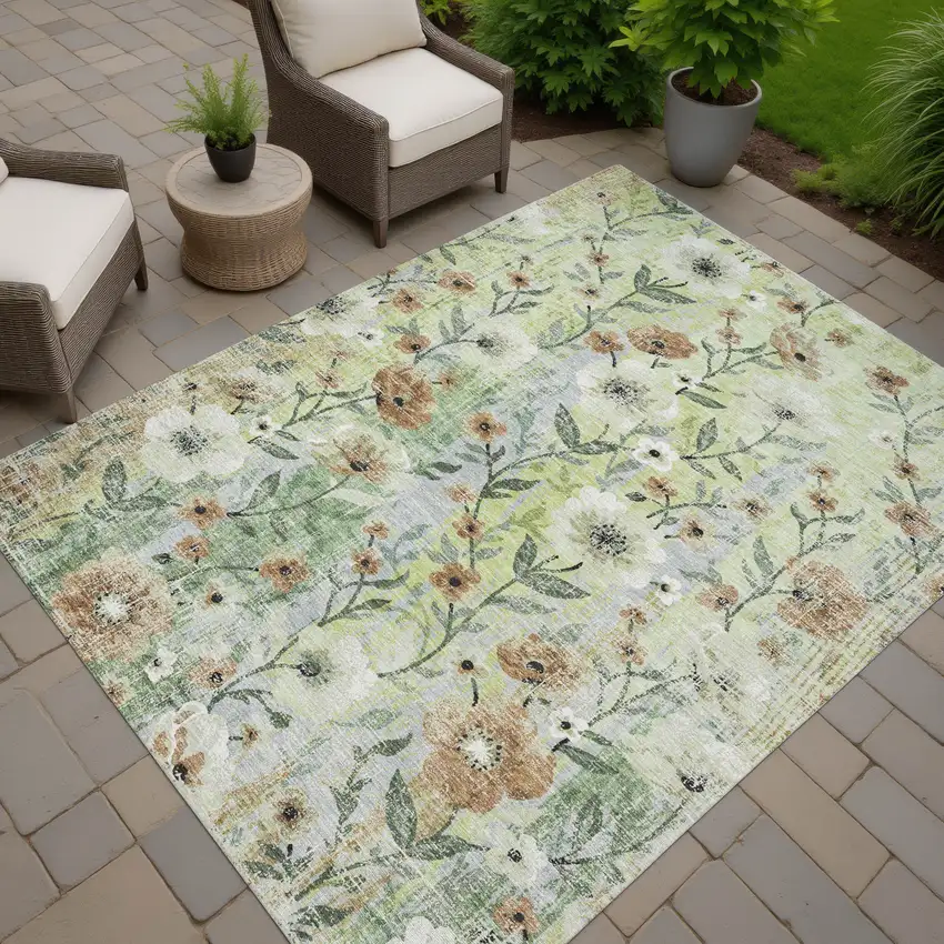 Artichoke Green Brown And Ivory Floral Washable Indoor Outdoor Area Rug Photo 5